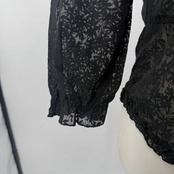Tribeca Black Sheer Floral Ruffle Button-Up Blouse 3/4 Sleeve Womens S - Picture 6 of 11